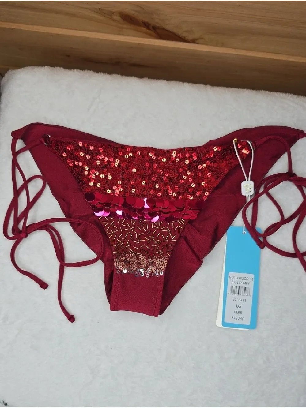 Beach Bunny Hollywood Tie Side Skimpy - Berry Sz Large NWT
